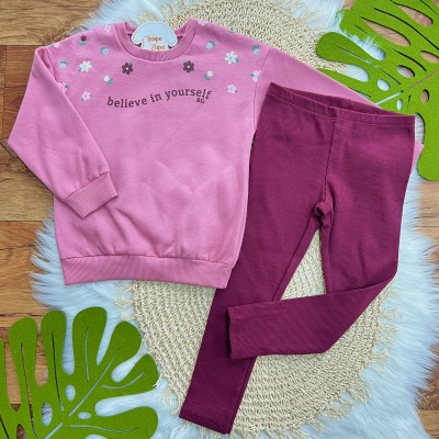 Conj. Blusão de Moletom Believe in Yourself e Calça Legging Canelada- Rose e Uva